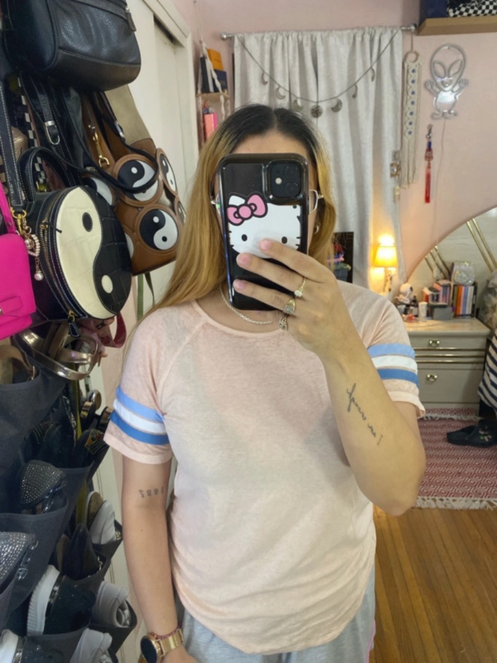 Urban Outfitters Pink Short Sleeve Tee with Blue Sleeve Stripes